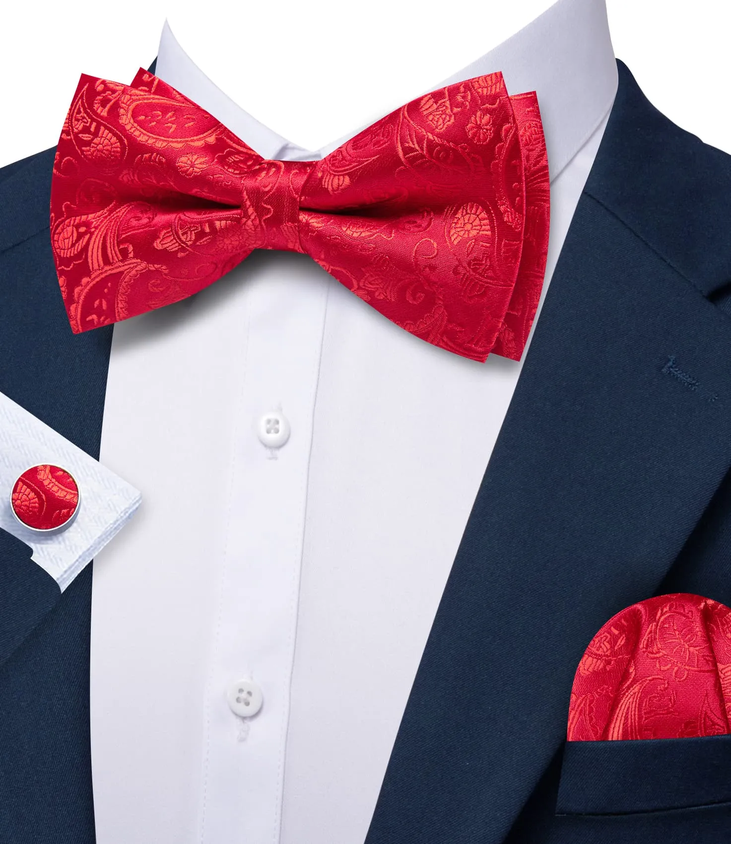 Barry. Wang Red Floral Bowtie for Men Pre-tied Adjustable Silk Formal Bowtie Hanky Cufflinks Set sold by Barrywang product image thumbnail 2