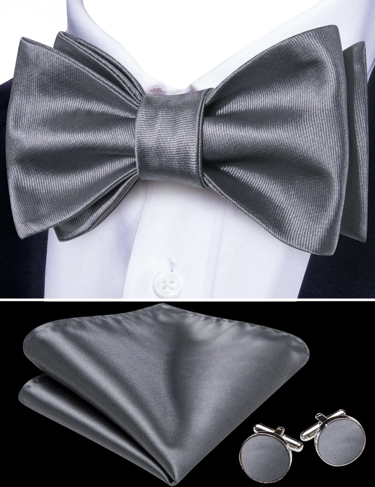 Barry. Wang Grey Solid Bowtie Self-tied Men's Tuxedo Bow Tie Pocket Square Cufflinks Set for Wedding sold by Barrywang