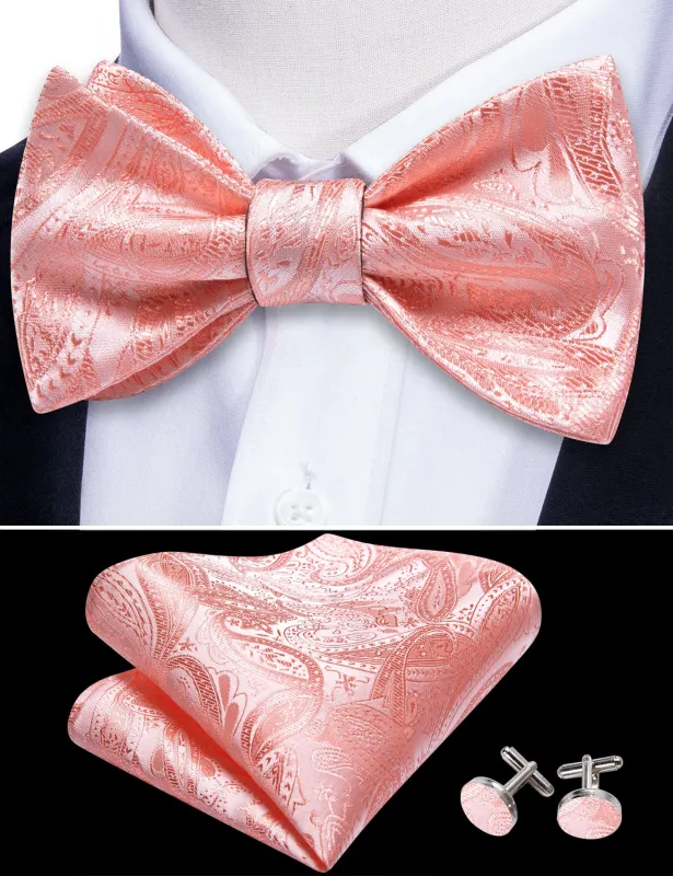 Barry. Wang Dusty Salmon Bow Tie Paisley Self-tied Silk Wedding Bowtie Hanky Cufflinks Set for Formal sold by Barrywang