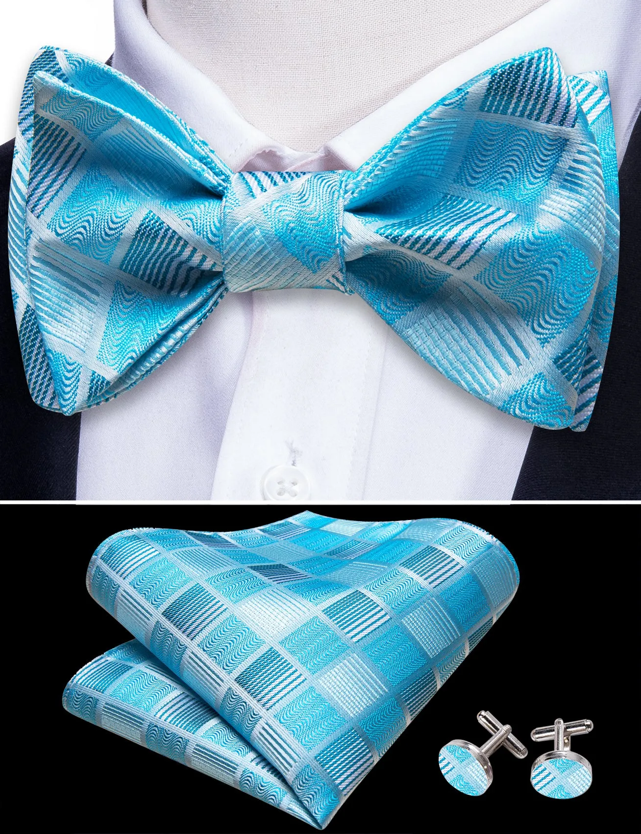 Barry. Wang Turquoise Bowtie Hanky Cufflinks Set Men's Plaid Self-tied Jacquard Bow Tie for Wedding Party sold by Barrywang