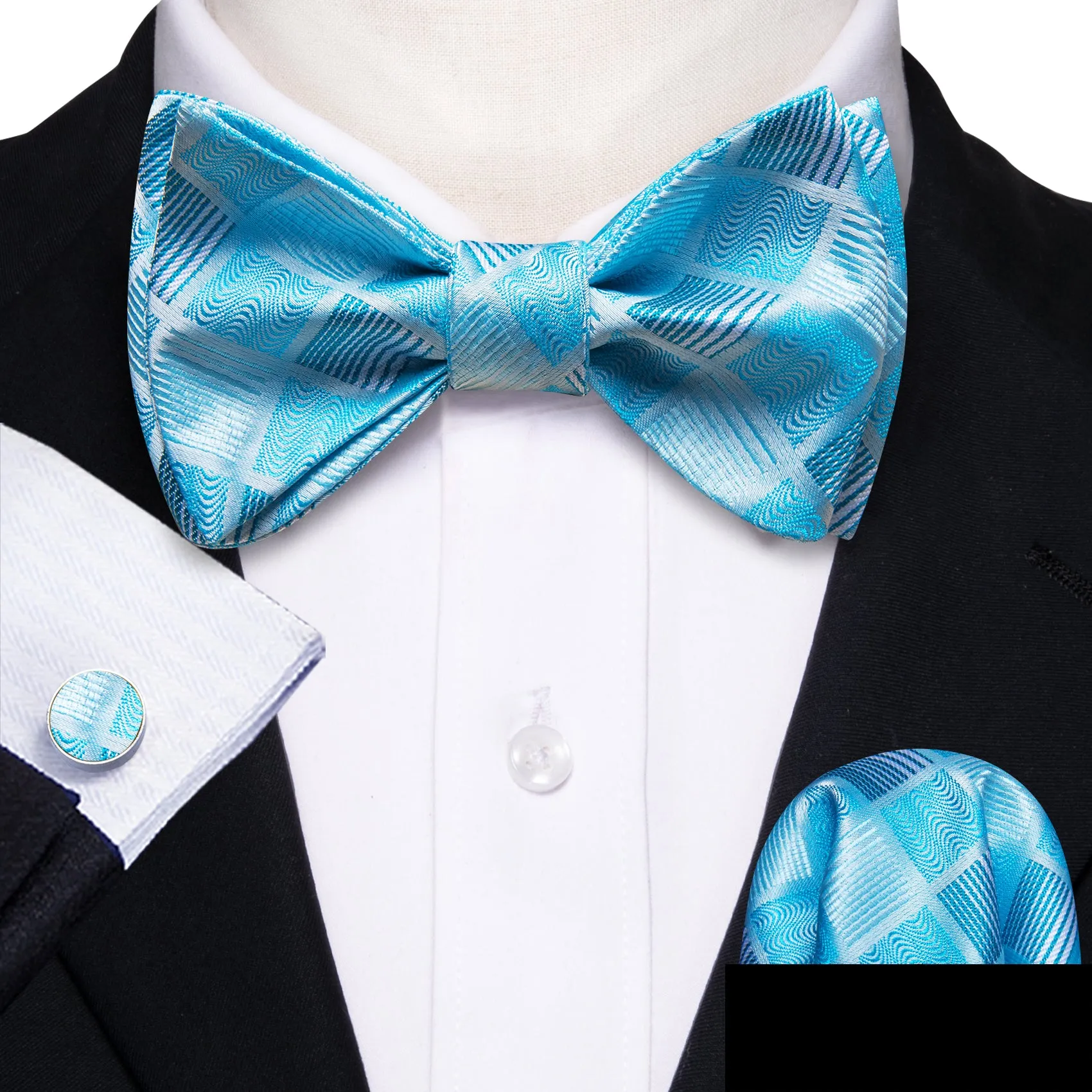 Barry. Wang Turquoise Bowtie Hanky Cufflinks Set Men's Plaid Self-tied Jacquard Bow Tie for Wedding Party sold by Barrywang product image thumbnail 3