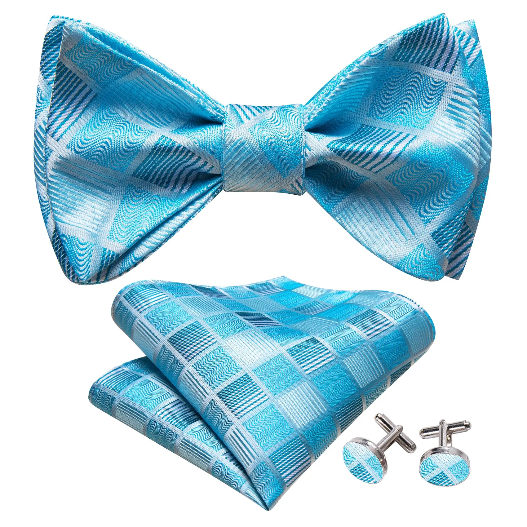 Barry. Wang Turquoise Bowtie Hanky Cufflinks Set Men's Plaid Self-tied Jacquard Bow Tie for Wedding Party sold by Barrywang product image thumbnail 2
