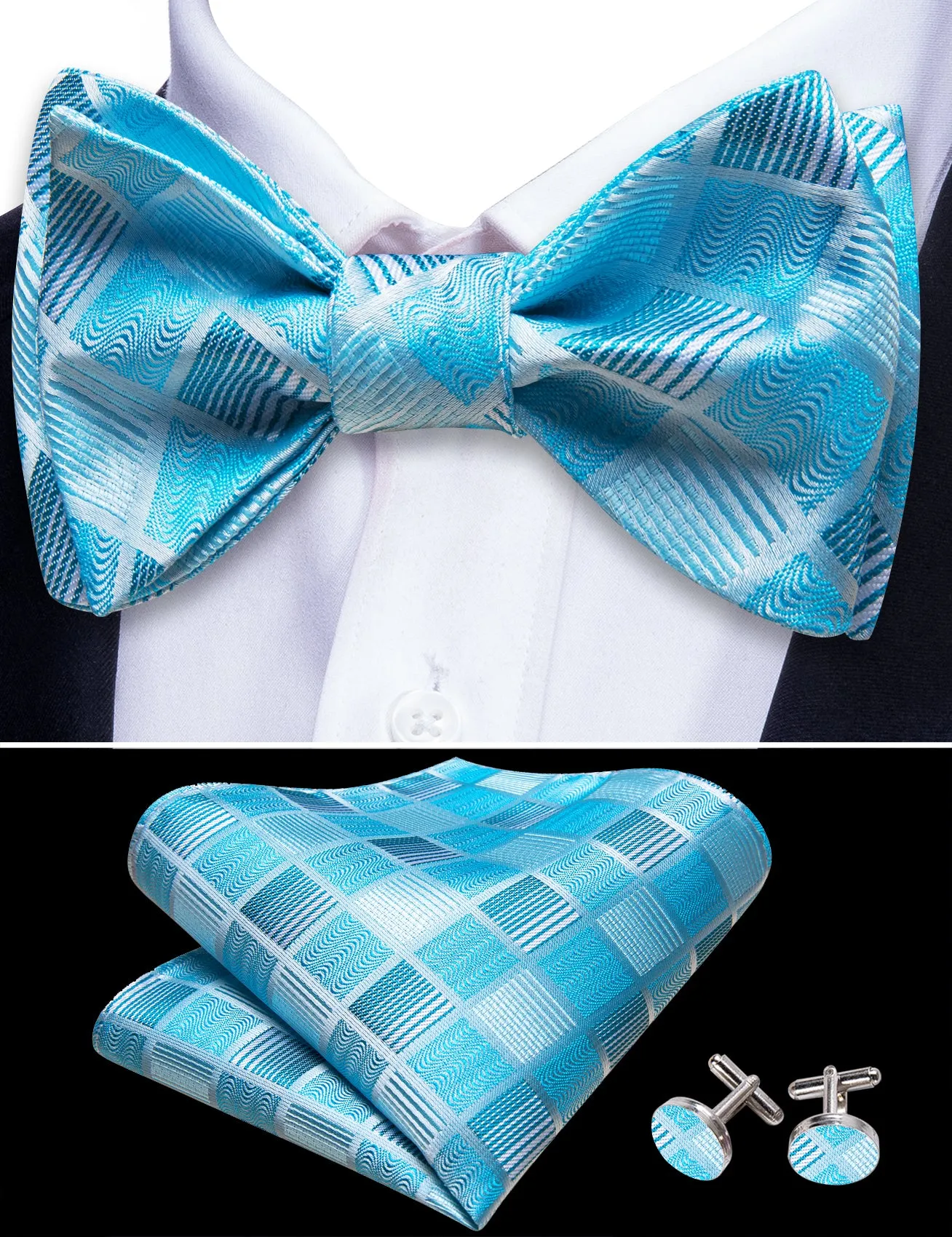 Barry. Wang Turquoise Bowtie Hanky Cufflinks Set Men's Plaid Self-tied Jacquard Bow Tie for Wedding Party sold by Barrywang product image thumbnail 4