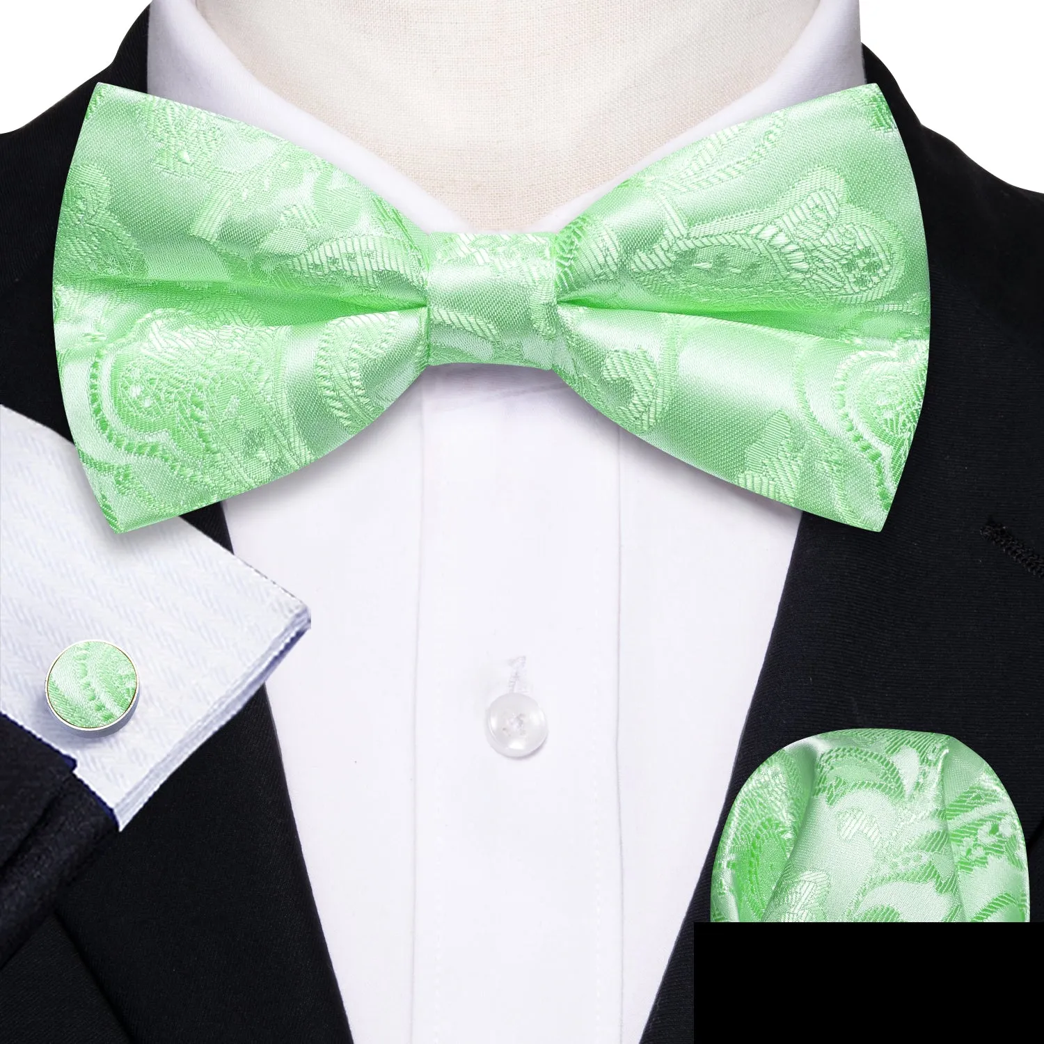 Barry. Wang Paisley Mint Bowtie for Men Jacquard Silk Pre-tied Bow Tie Pocket Square Cufflinks Set sold by Barrywang product image thumbnail 3