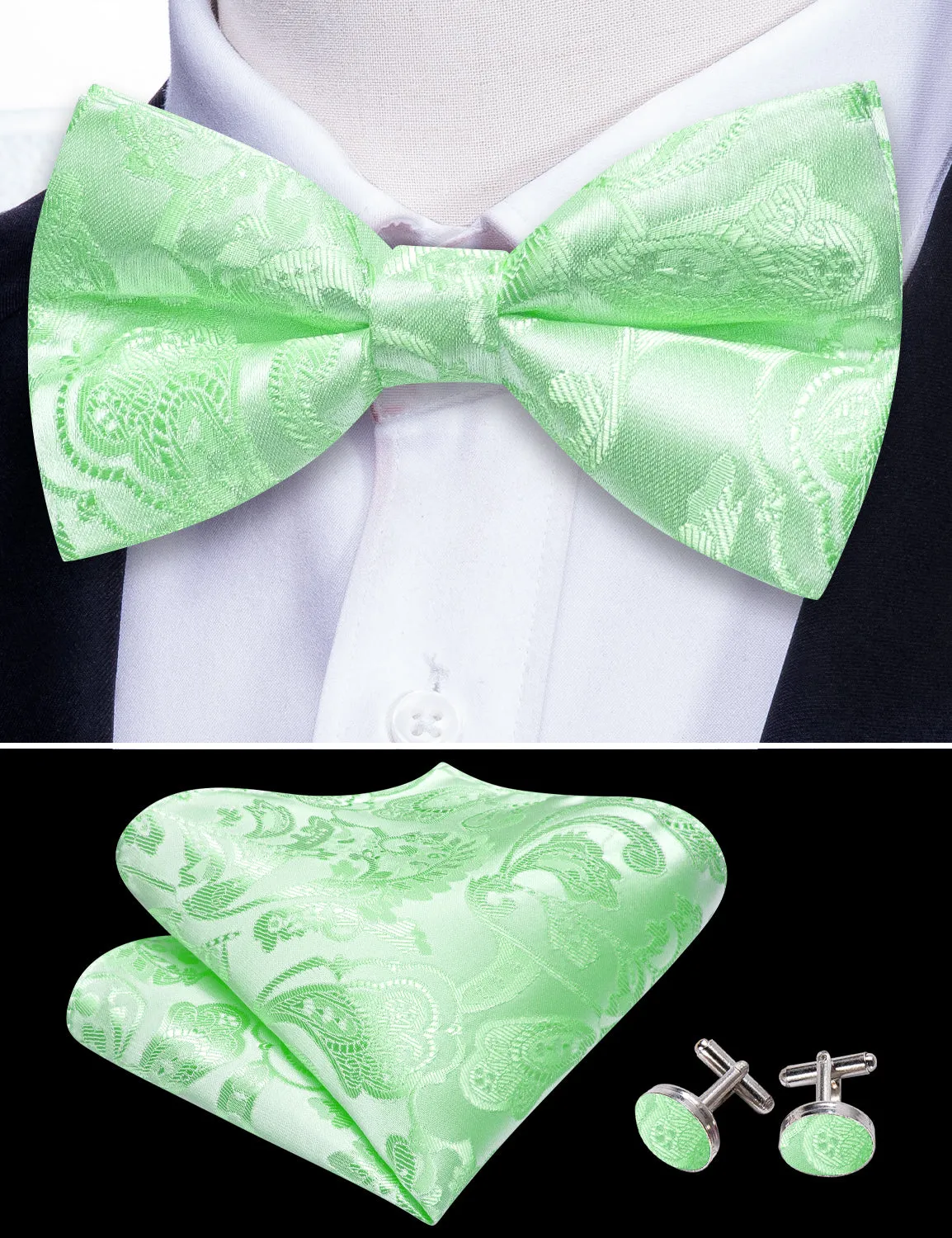 Barry. Wang Paisley Mint Bowtie for Men Jacquard Silk Pre-tied Bow Tie Pocket Square Cufflinks Set sold by Barrywang