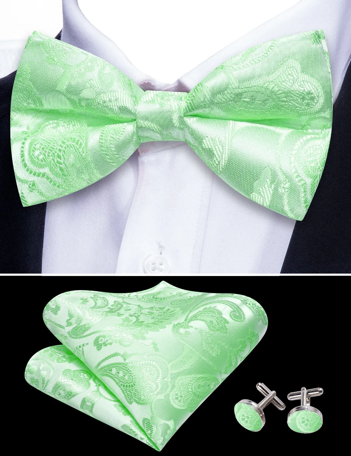 Barry. Wang Paisley Mint Bowtie for Men Jacquard Silk Pre-tied Bow Tie Pocket Square Cufflinks Set sold by Barrywang product image thumbnail 4