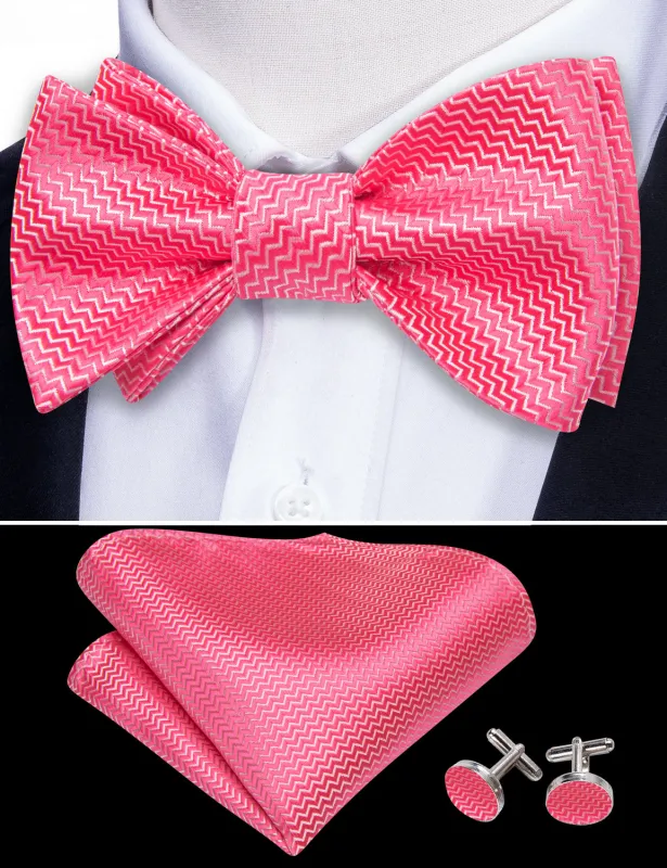 Barry. Wang Hot Pink Bow Tie Striped Self-tied Formal Bow Tie Hanky Cufflinks Set for Tuxedo Wedding sold by Barrywang