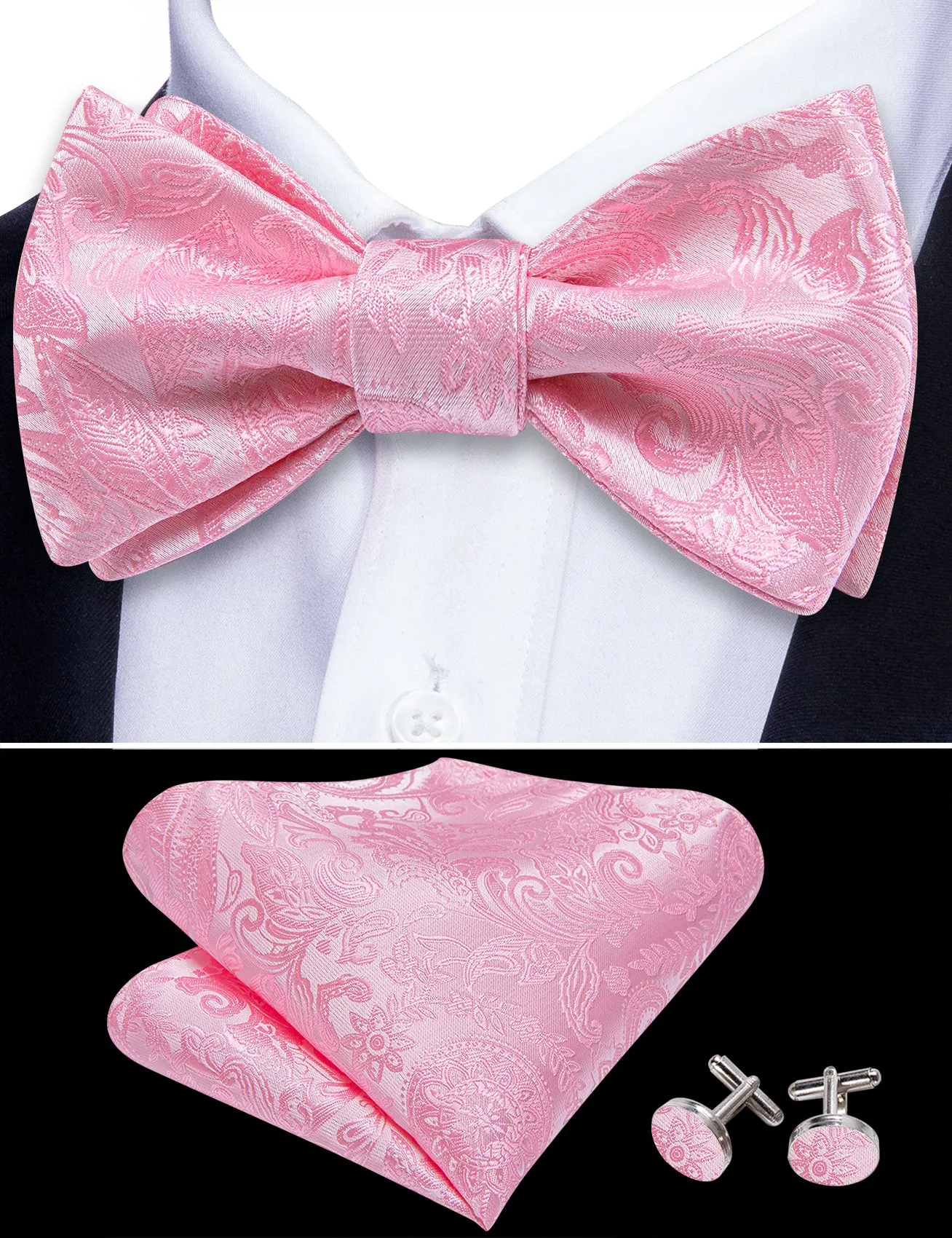 Barry. Wang Pink Paisley Bowtie Self-tied Jacquard Formal Bow Tie Pocket Square Cufflinks Set for Wedding sold by Barrywang product image thumbnail 4