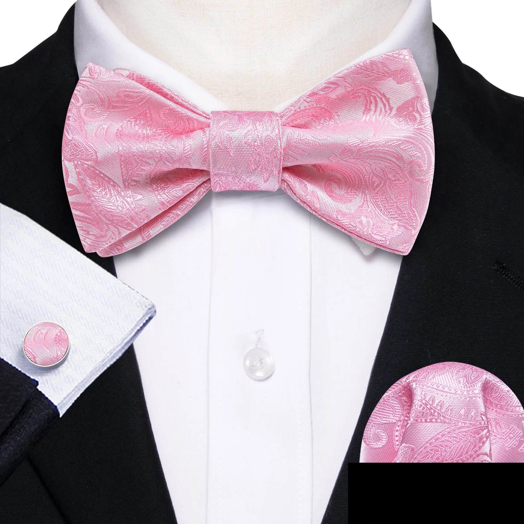 Barry. Wang Pink Paisley Bowtie Self-tied Jacquard Formal Bow Tie Pocket Square Cufflinks Set for Wedding sold by Barrywang product image thumbnail 2