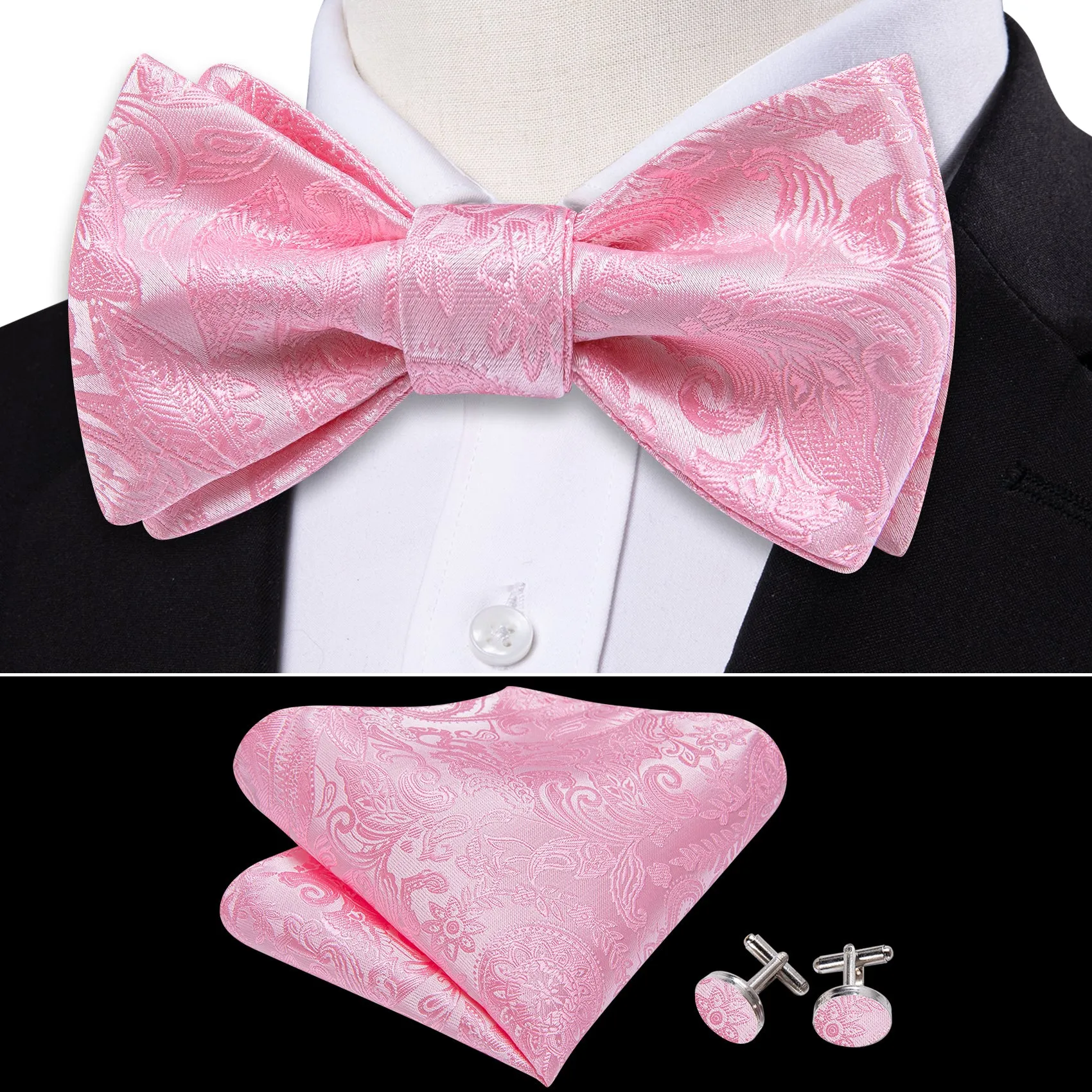 Barry. Wang Pink Paisley Bowtie Self-tied Jacquard Formal Bow Tie Pocket Square Cufflinks Set for Wedding sold by Barrywang product image thumbnail 3
