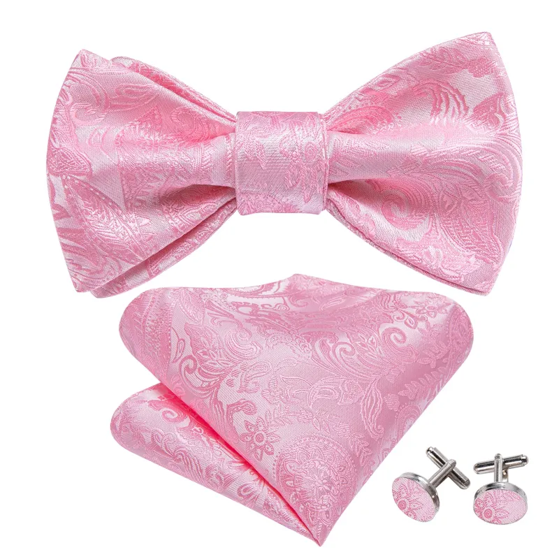 Barry. Wang Pink Paisley Bowtie Self-tied Jacquard Formal Bow Tie Pocket Square Cufflinks Set for Wedding sold by Barrywang