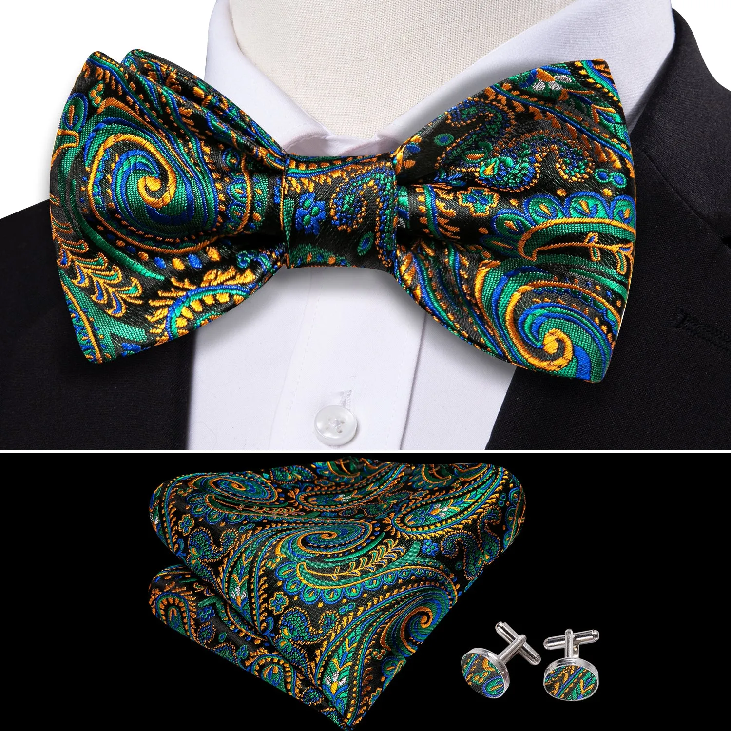 Barry. Wang Paisley Teal Bow Tie Pocket Square Cufflinks Set Adjustable Jacquard Wedding Formal Bowtie sold by Barrywang product image thumbnail 4