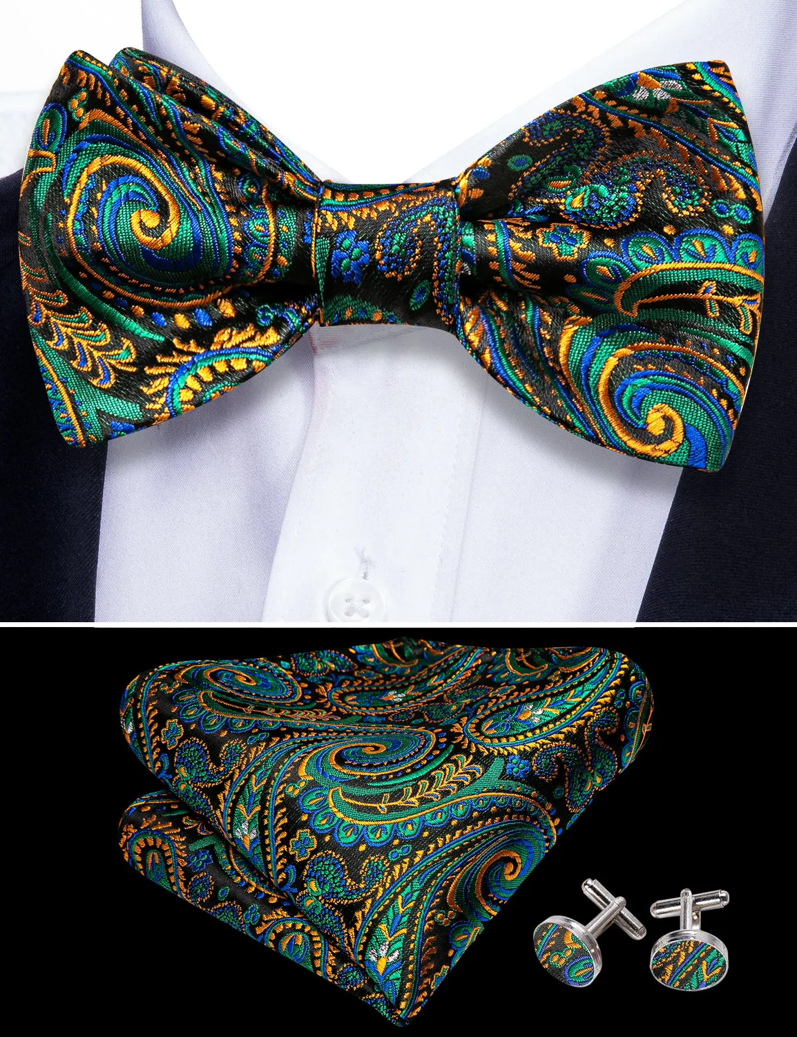 Barry. Wang Paisley Teal Bow Tie Pocket Square Cufflinks Set Adjustable Jacquard Wedding Formal Bowtie sold by Barrywang