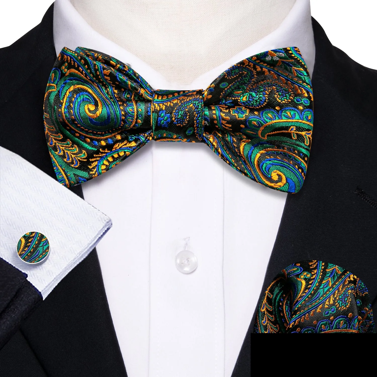 Barry. Wang Paisley Teal Bow Tie Pocket Square Cufflinks Set Adjustable Jacquard Wedding Formal Bowtie sold by Barrywang product image thumbnail 3