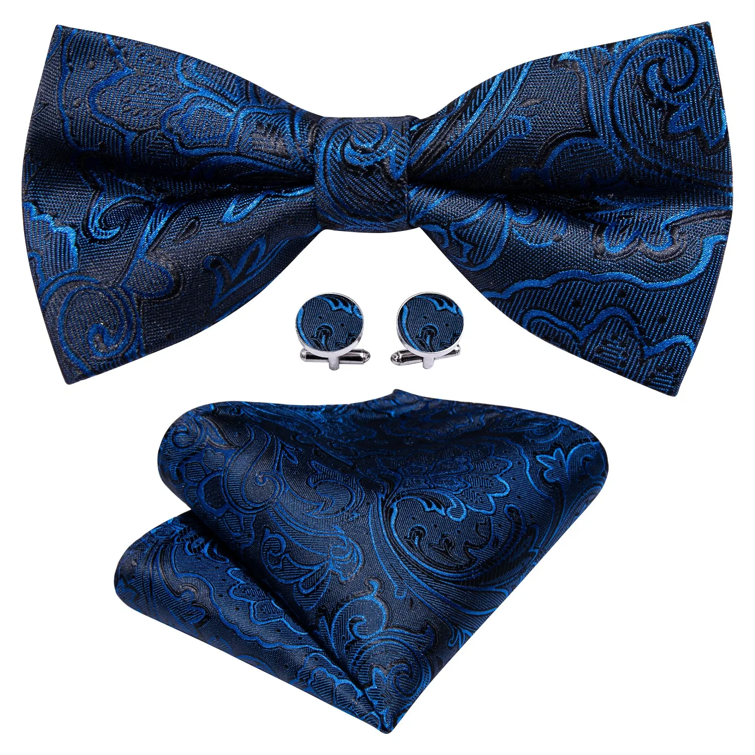 Barry. Wang Navy Blue Bow Tie Men's Floral Jacquard Pre-tied Tuxedo Bow Tie Pocket Square Cufflinks Set sold by Barrywang product image thumbnail 2