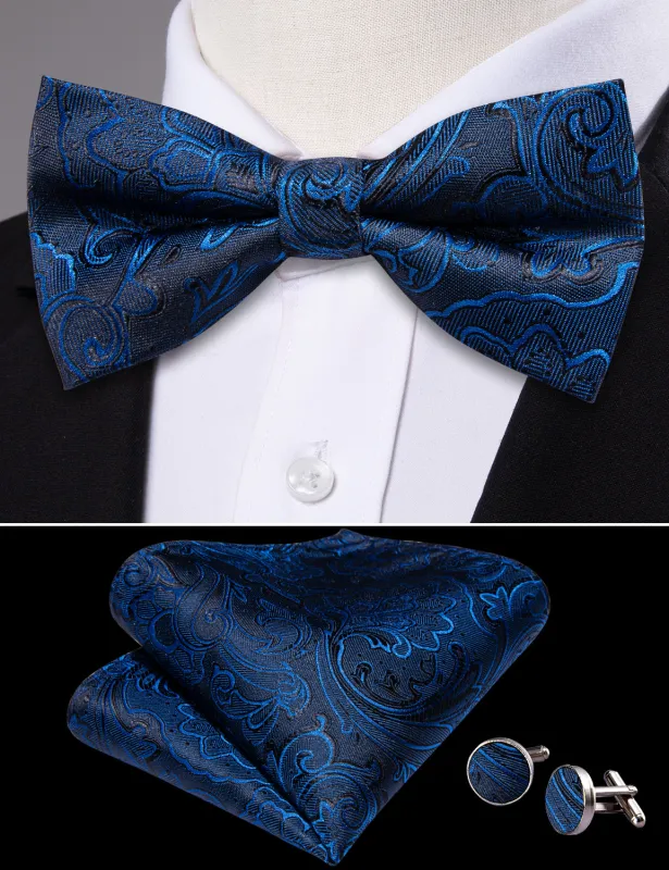 Barry. Wang Navy Blue Bow Tie Men's Floral Jacquard Pre-tied Tuxedo Bow Tie Pocket Square Cufflinks Set sold by Barrywang