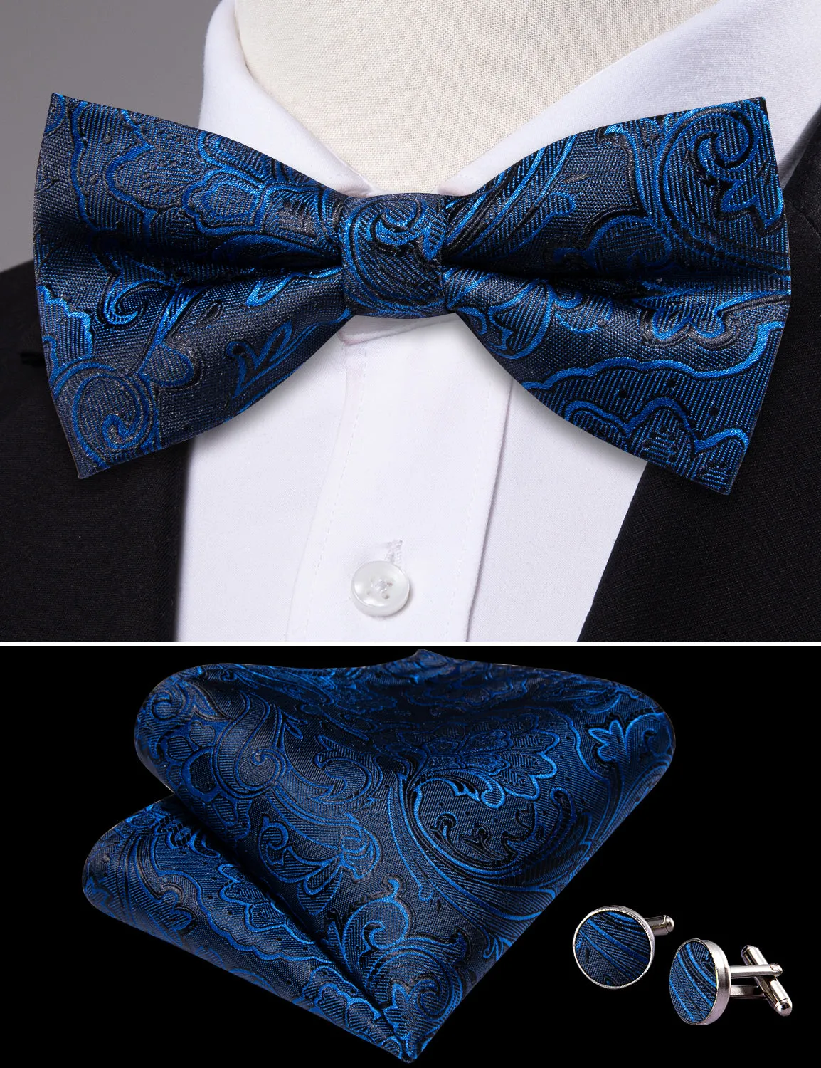 Barry. Wang Navy Blue Bow Tie Men's Floral Jacquard Pre-tied Tuxedo Bow Tie Pocket Square Cufflinks Set sold by Barrywang