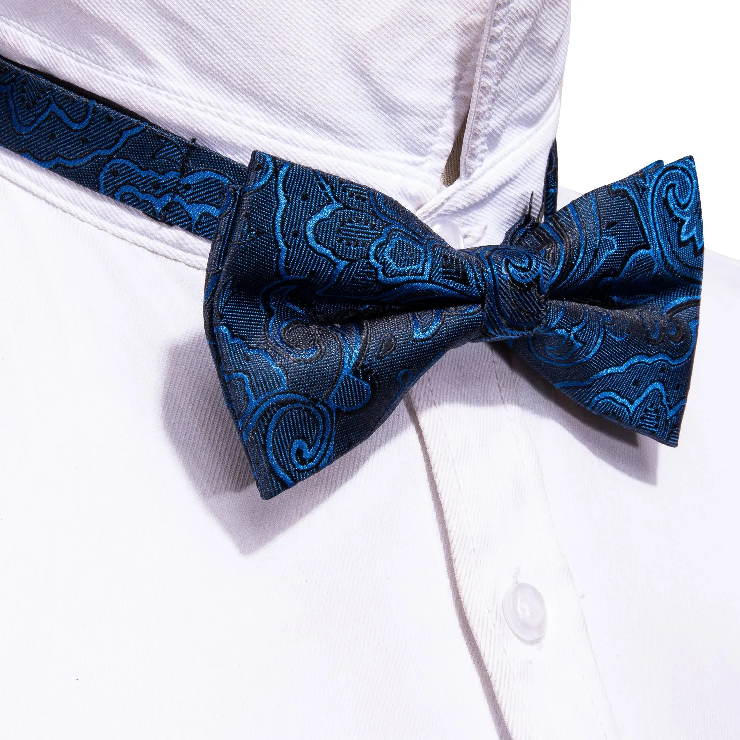Barry. Wang Navy Blue Bow Tie Men's Floral Jacquard Pre-tied Tuxedo Bow Tie Pocket Square Cufflinks Set sold by Barrywang product image thumbnail 4