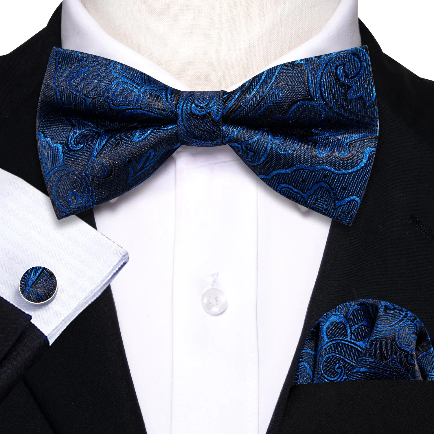 Barry. Wang Navy Blue Bow Tie Men's Floral Jacquard Pre-tied Tuxedo Bow Tie Pocket Square Cufflinks Set sold by Barrywang product image thumbnail 3