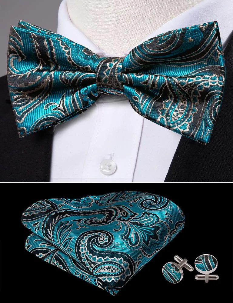 Barry. Wang Turquoise Paisley Bowtie Adjustable Pre-tied Tuxedos Bowtie Hanky Cufflinks Set for Wedding sold by Barrywang
