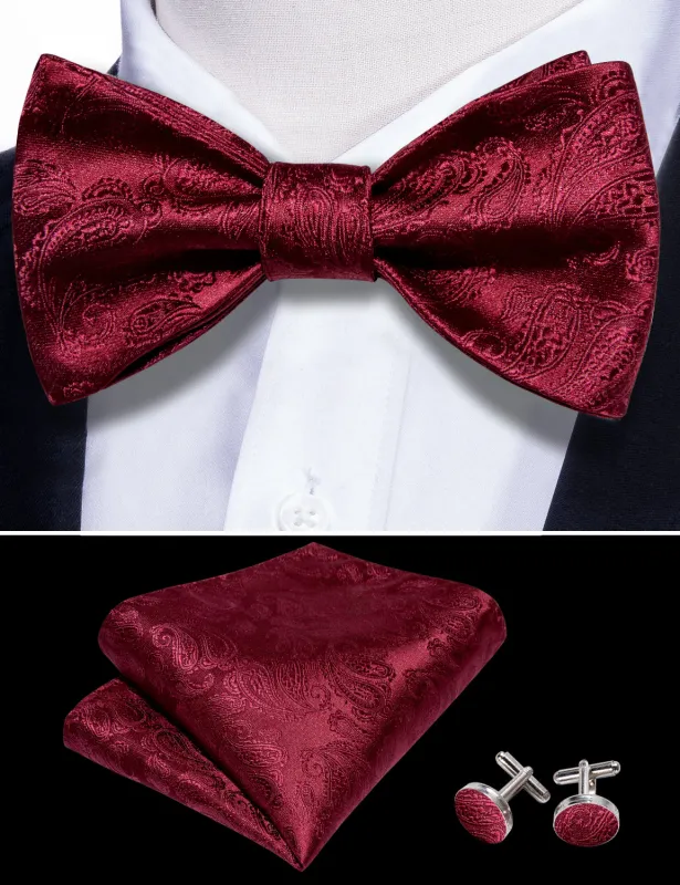 Barry. Wang Cranberry Red Bowtie Hanky Cufflinks Set for Wedding Paisley Adjustable Self-tied Bow Tie sold by Barrywang