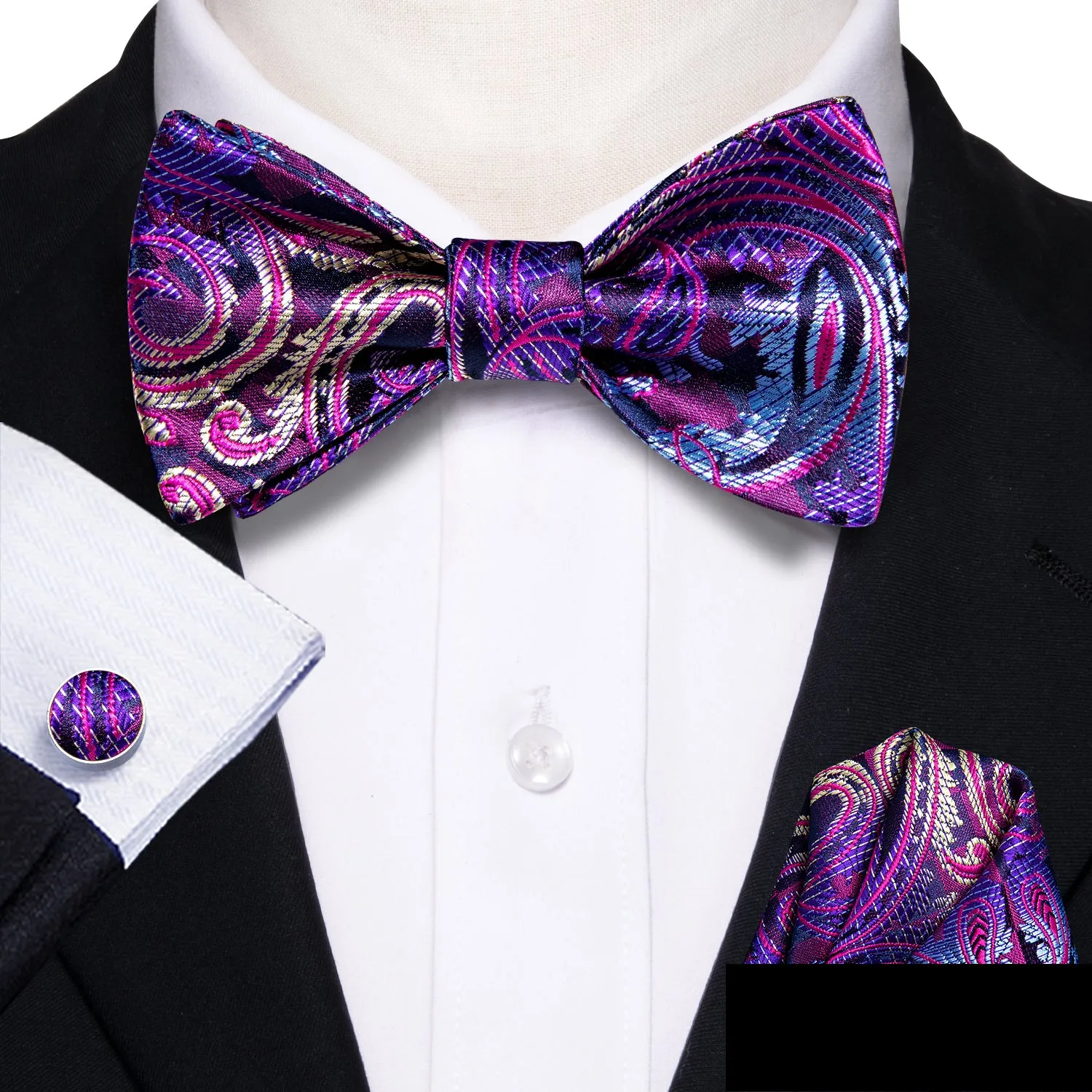 Barry. Wang Plum Purple Bow Tie Set Paisley Self-tied Jacquard Bow Tie Pocket Square Cufflinks Set sold by Barrywang product image thumbnail 2