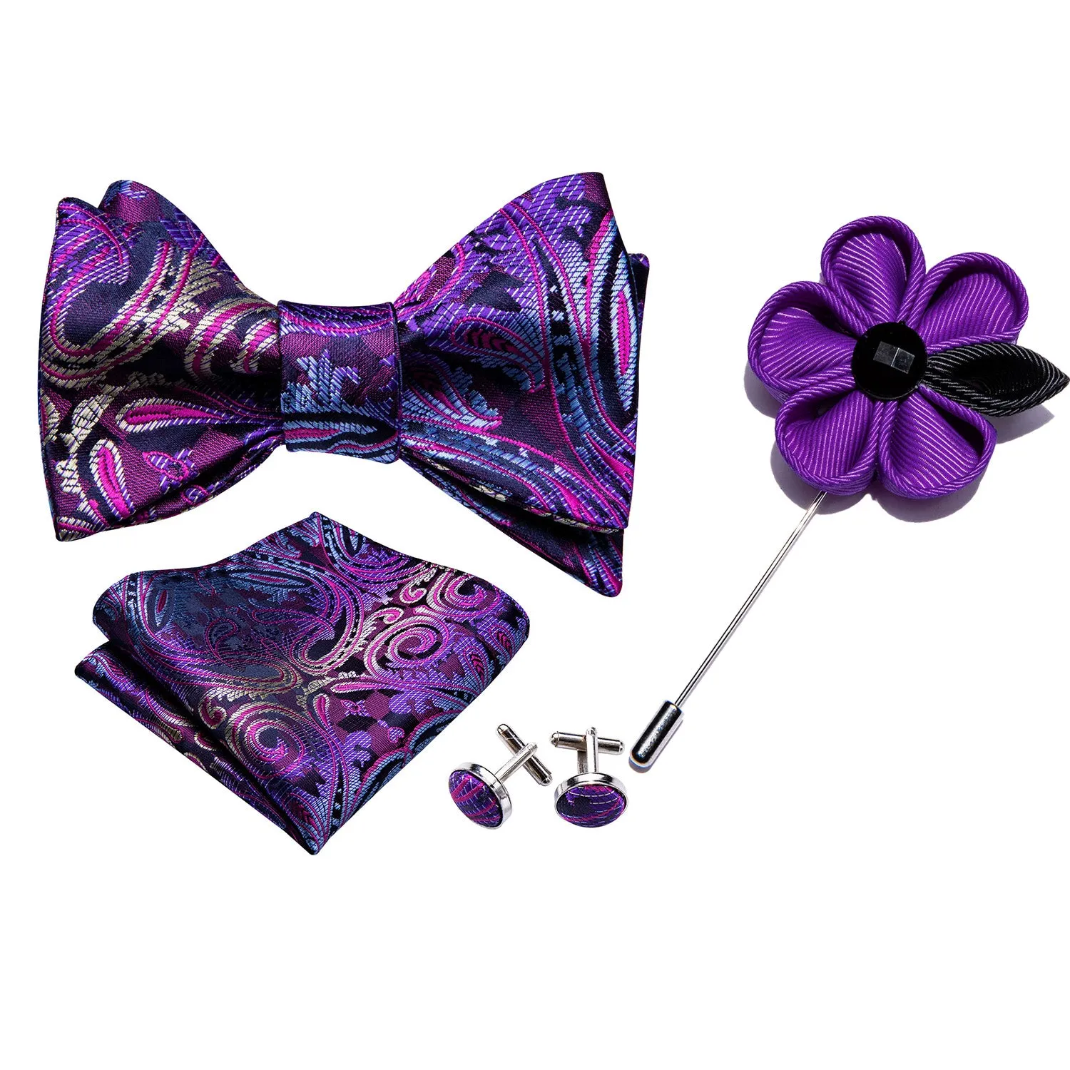 Barry. Wang Plum Purple Bow Tie Set Paisley Self-tied Jacquard Bow Tie Pocket Square Cufflinks Set sold by Barrywang