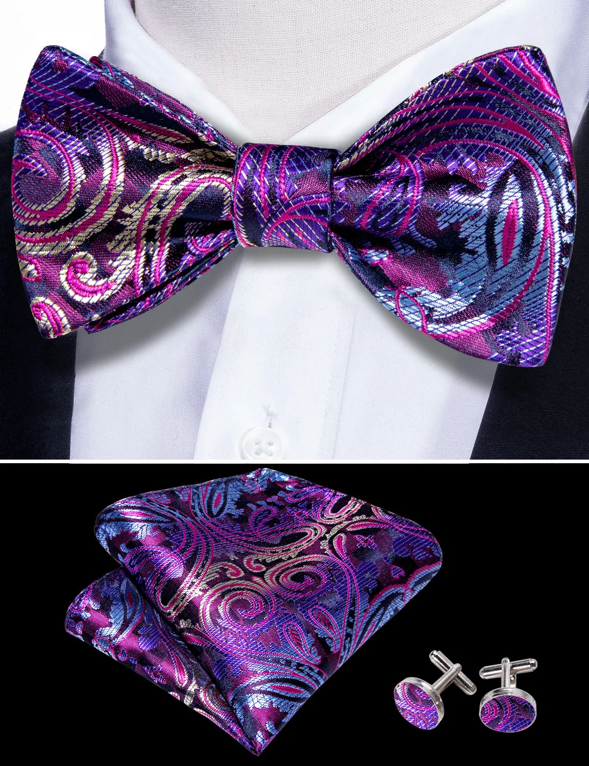 Barry. Wang Plum Purple Bow Tie Set Paisley Self-tied Jacquard Bow Tie Pocket Square Cufflinks Set sold by Barrywang product image thumbnail 4