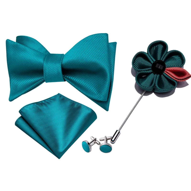 Barry. Wang Teal Bow Tie Hanky Cufflinks Set Solid Self-tied Jacquard Silk Bow Tie for Wedding Party sold by Barrywang