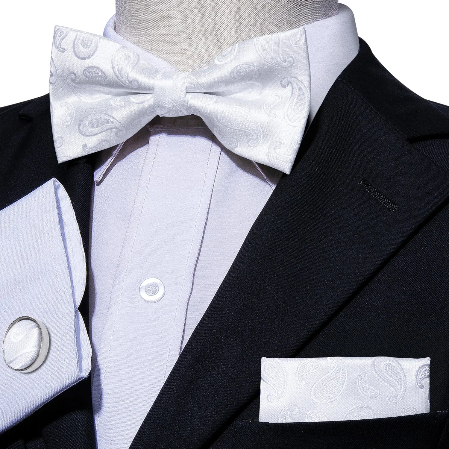 Barry. Wang White Paisley Bow Tie for Wedding Jacquard Pre-tied Bow Tie Hanky Cufflinks Set for Tuxedo sold by Barrywang product image thumbnail 2