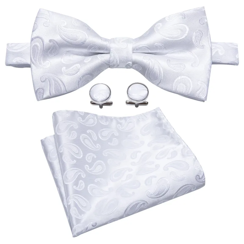 Barry. Wang White Paisley Bow Tie for Wedding Jacquard Pre-tied Bow Tie Hanky Cufflinks Set for Tuxedo sold by Barrywang