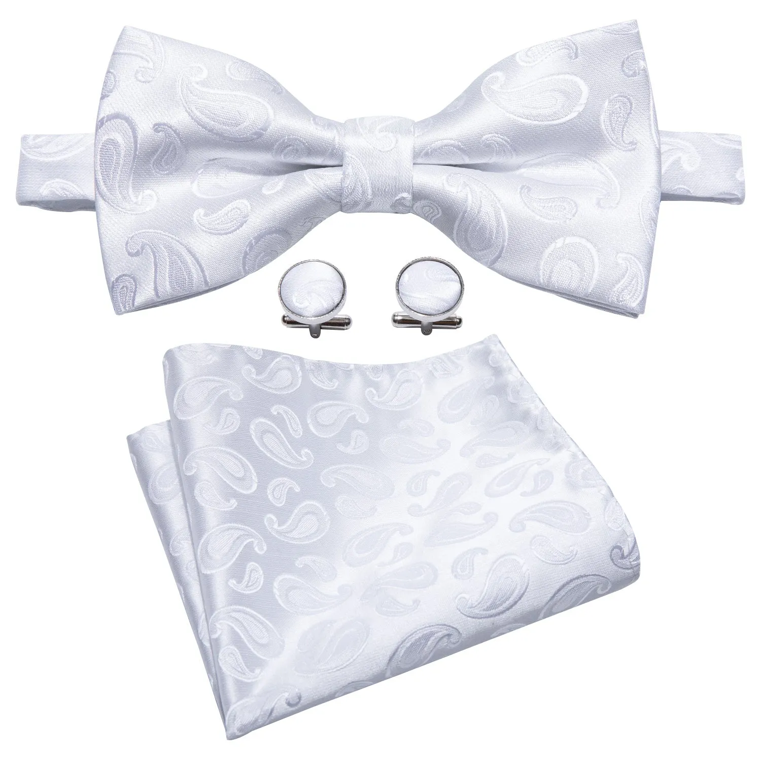 Barry. Wang White Paisley Bow Tie for Wedding Jacquard Pre-tied Bow Tie Hanky Cufflinks Set for Tuxedo sold by Barrywang