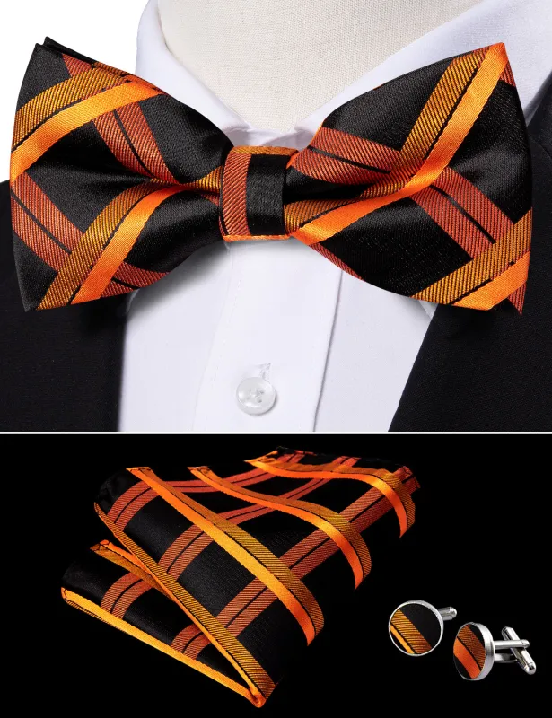 Barry. Wang Black Orange Bow Tie Plaid Adjustable Men's Pre-tied Tuxedos Bowtie Hanky Cufflinks Set sold by Barrywang
