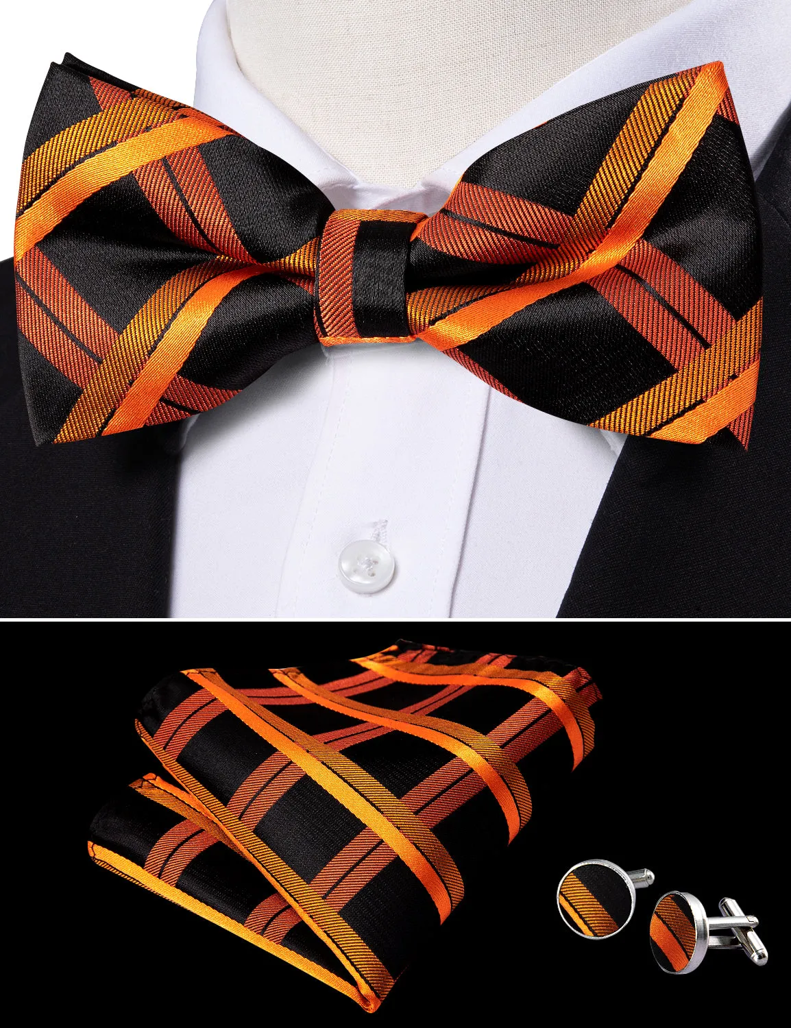 Barry. Wang Black Orange Bow Tie Plaid Adjustable Men's Pre-tied Tuxedos Bowtie Hanky Cufflinks Set sold by Barrywang
