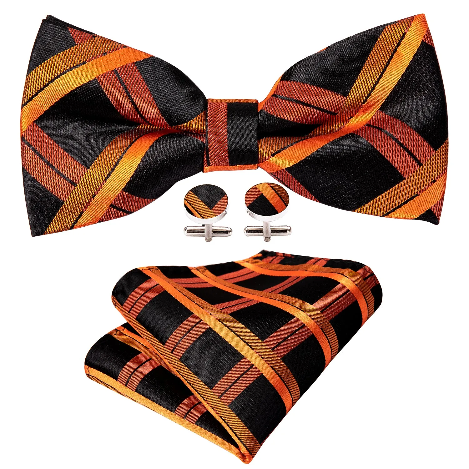 Barry. Wang Black Orange Bow Tie Plaid Adjustable Men's Pre-tied Tuxedos Bowtie Hanky Cufflinks Set sold by Barrywang product image thumbnail 2