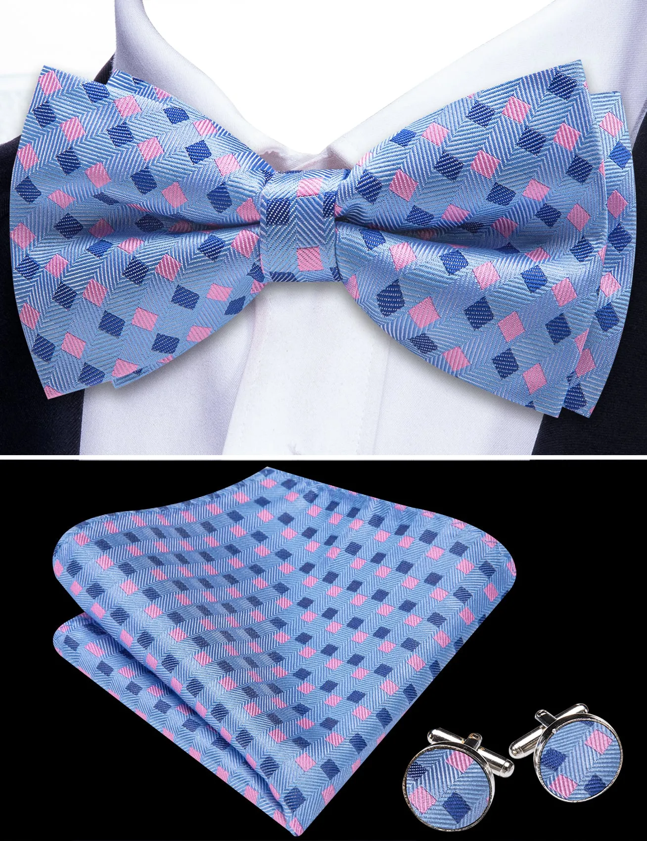 Barry. Wang Blue Bow Tie Hanky Cufflinks Set Plaid Pre-tied Silk Men's Tuxedo Bow Tie Hanky Cufflinks Set sold by Barrywang product image thumbnail 2