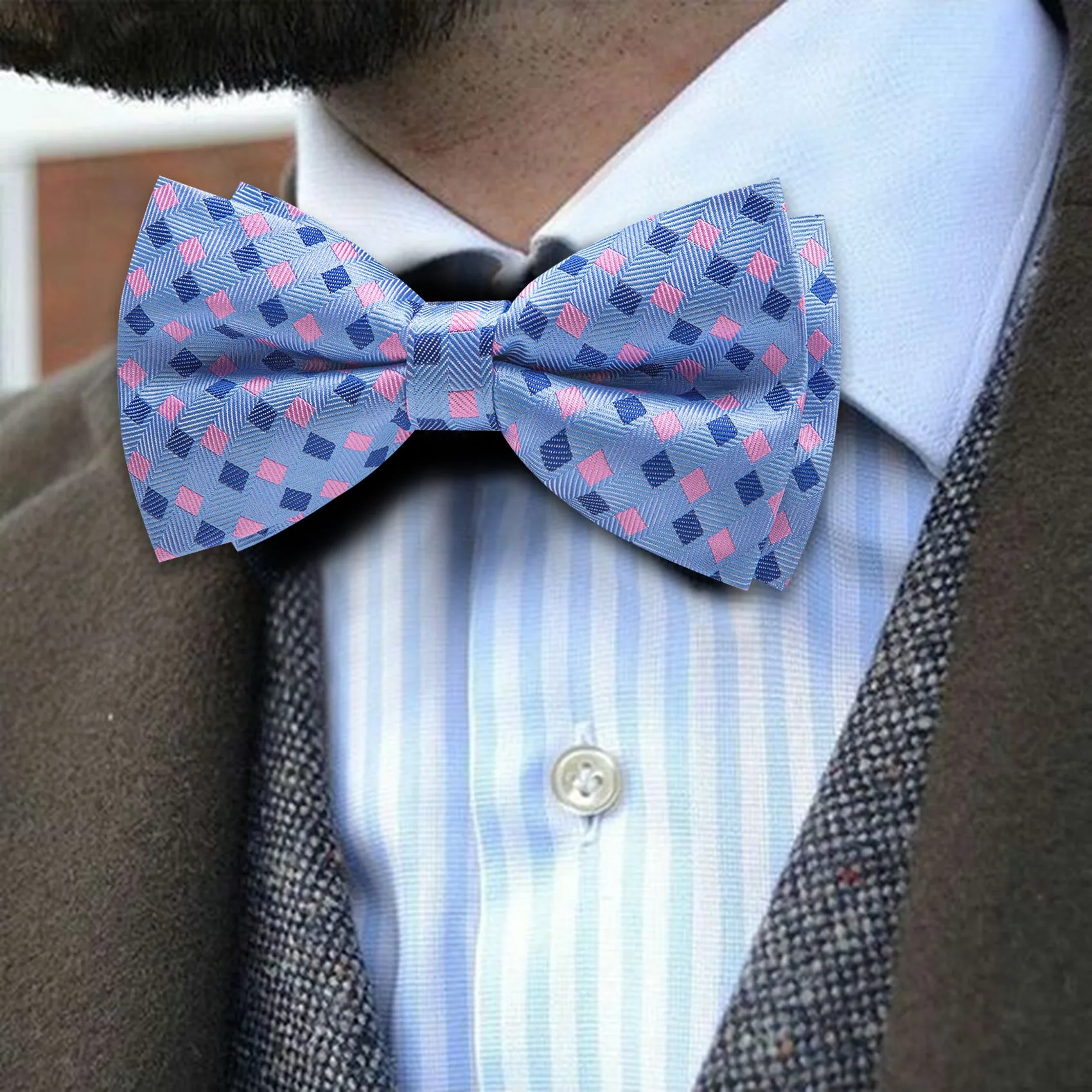 Barry. Wang Blue Bow Tie Hanky Cufflinks Set Plaid Pre-tied Silk Men's Tuxedo Bow Tie Hanky Cufflinks Set sold by Barrywang