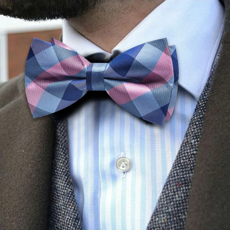 Barry. Wang Blue Pink Plaid Bowtie Pre-tied Silk Men's Tuxedo Bow Tie Hanky Cufflinks Set sold by Barrywang