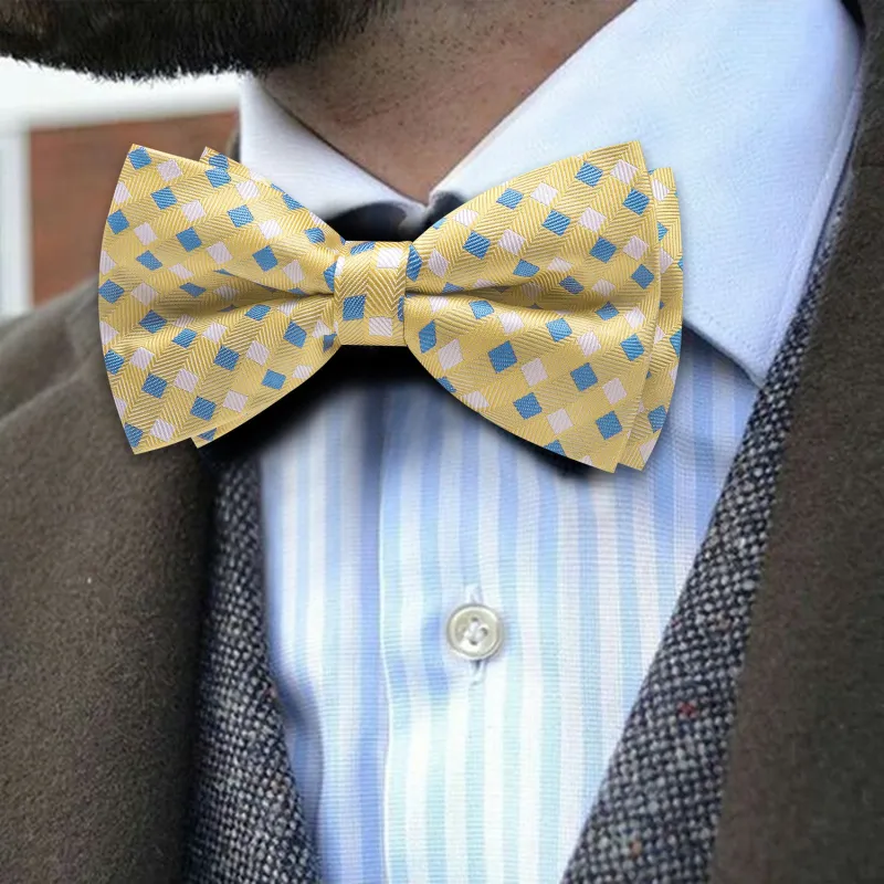Barry. Wang Yellow Bow Tie Hanky Cufflinks Set Blue Plaid Pre-tied Silk Men's Tuxedo Bow Tie Hanky Cufflinks Set for Wedding sold by Barrywang