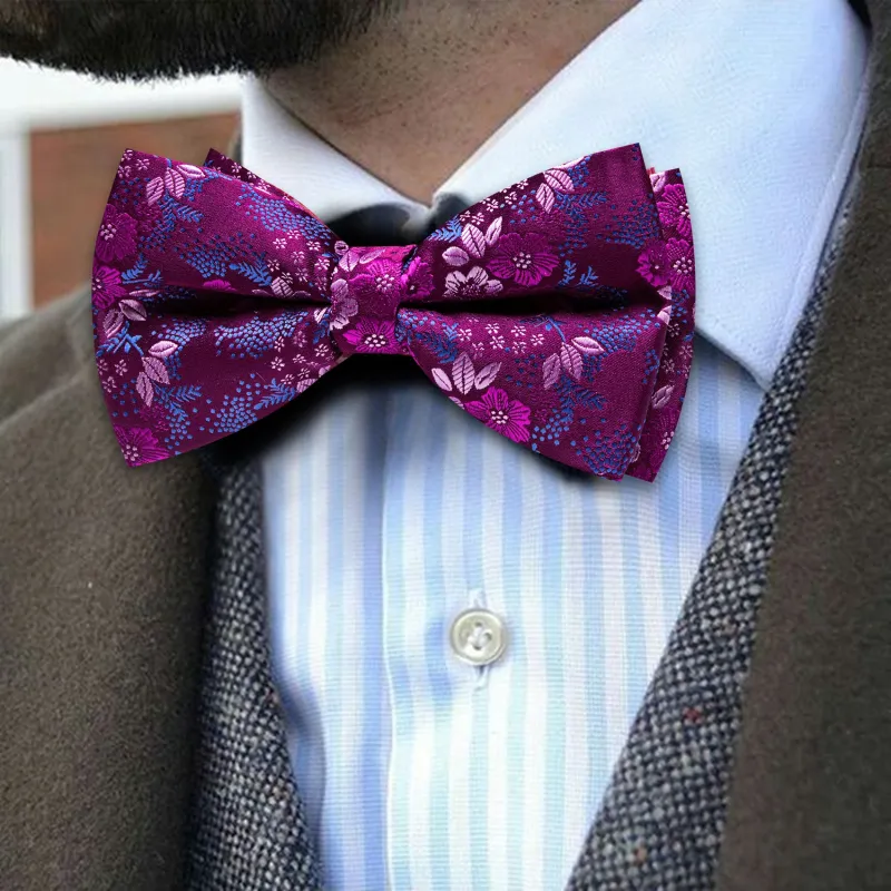 Barry. Wang Plum Bow Tie Hanky Cufflinks Set  Floral Pre-tied Jacquard Bow Tie for Men sold by Barrywang