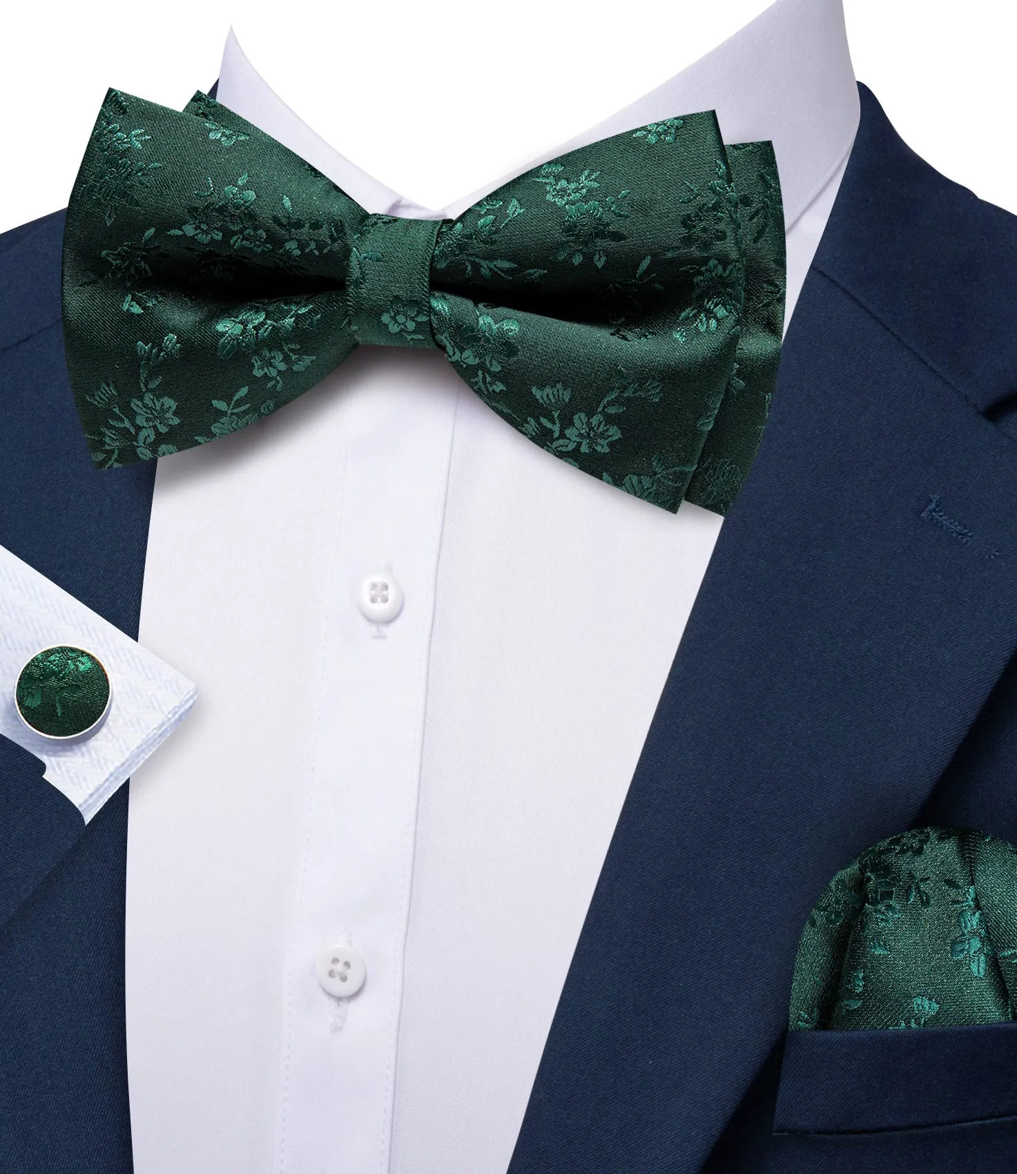 Barry. Wang Dark Green Bow Tie Hanky Cufflinks Set Floral Pre-tied Jacquard Bow Tie for Men sold by Barrywang product image thumbnail 3