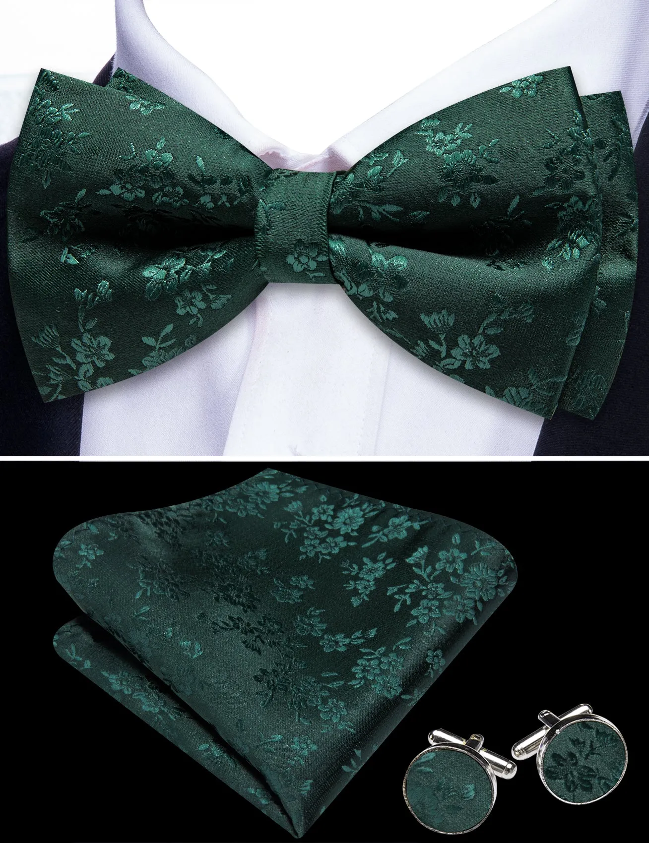 Barry. Wang Dark Green Bow Tie Hanky Cufflinks Set Floral Pre-tied Jacquard Bow Tie for Men sold by Barrywang product image thumbnail 2