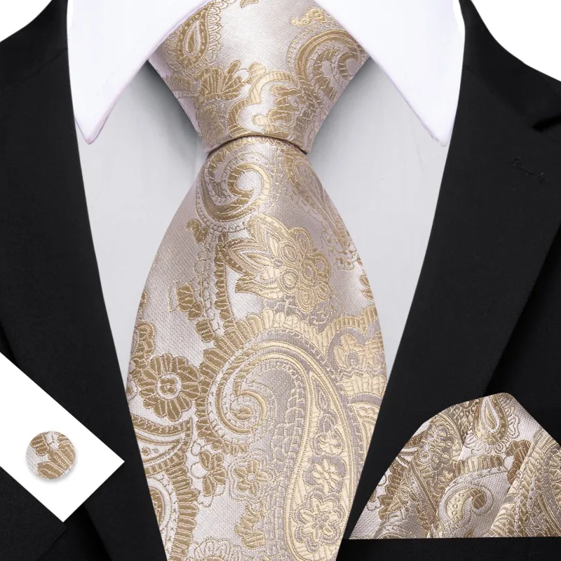 Barry. Wang Beige Necktie Paisley Silk Tie Pocket Square Cufflinks Set for Men sold by Barrywang