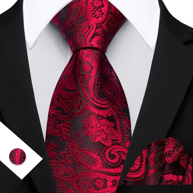 Barry. Wang Red Necktie Paisley Silk Tie Pocket Square Cufflinks Set for Men made by Barrywang