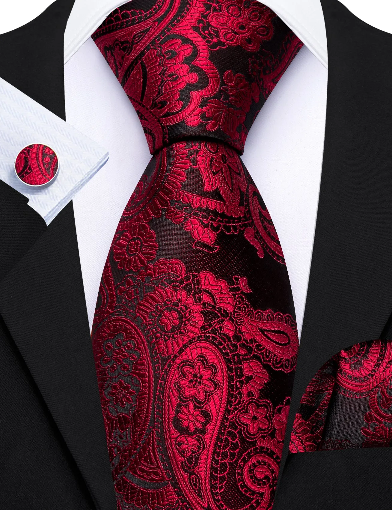 Barry. Wang Red Necktie Paisley Silk Tie Pocket Square Cufflinks Set for Men sold by Barrywang product image thumbnail 2