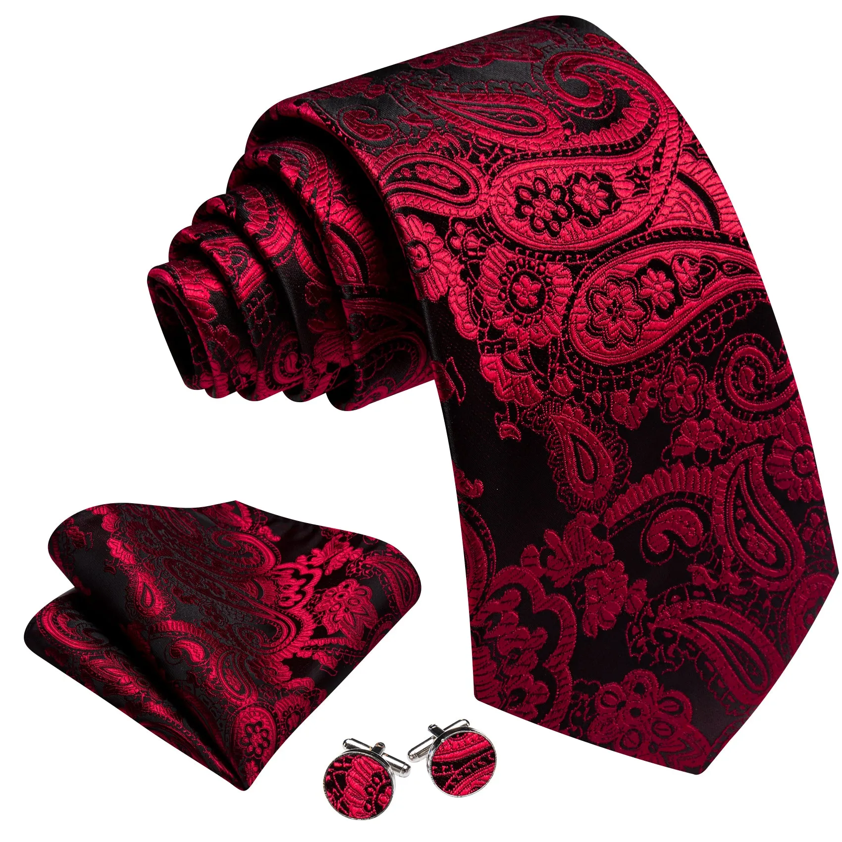 Barry. Wang Red Necktie Paisley Silk Tie Pocket Square Cufflinks Set for Men sold by Barrywang product image thumbnail 3