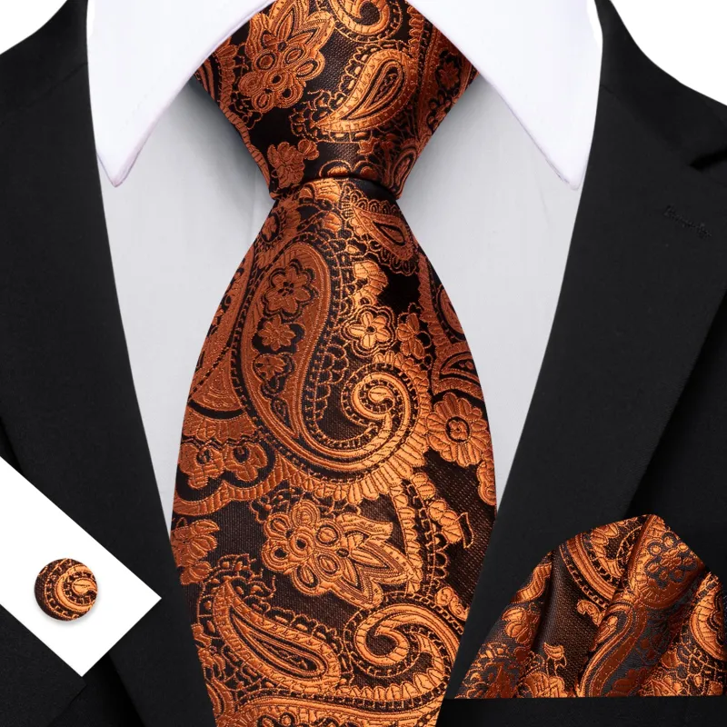 Barry. Wang Burnt Orange Black Paisley Tie Pocket Square Cufflinks Set Silk Mens Ties sold by Barrywang