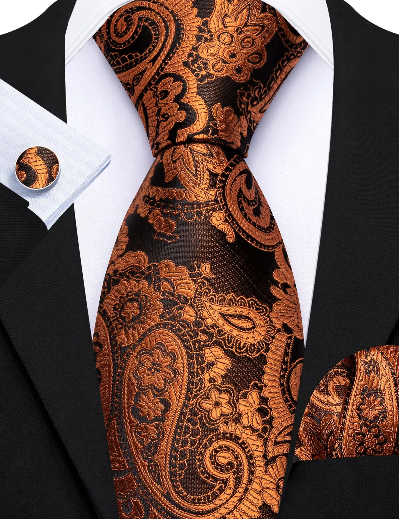 Barry. Wang Burnt Orange Black Paisley Tie Pocket Square Cufflinks Set Silk Mens Ties sold by Barrywang product image thumbnail 2