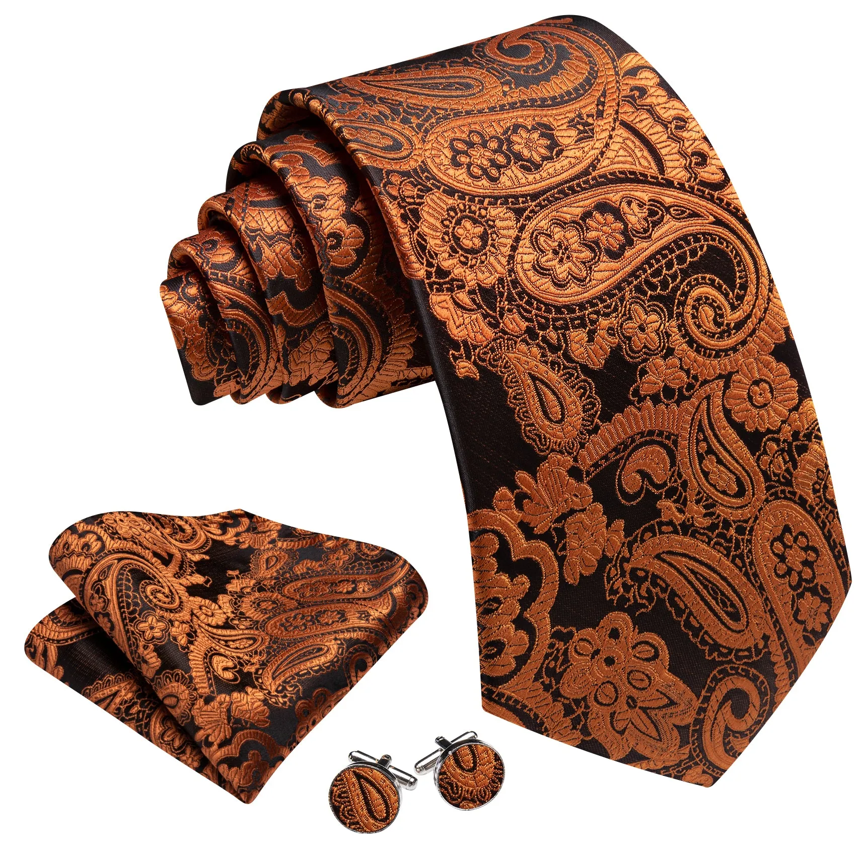 Barry. Wang Burnt Orange Black Paisley Tie Pocket Square Cufflinks Set Silk Mens Ties sold by Barrywang product image thumbnail 3