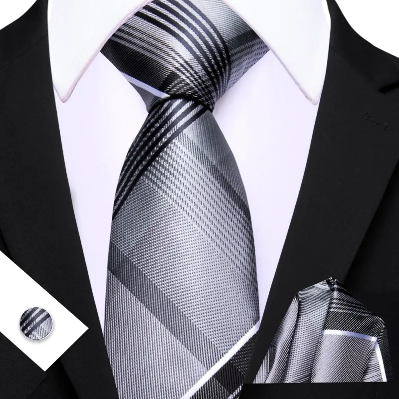 Barry. Wang Men's Necktie Silver  Plaid Tie Handkerchief Cufflinks Set made by Barrywang